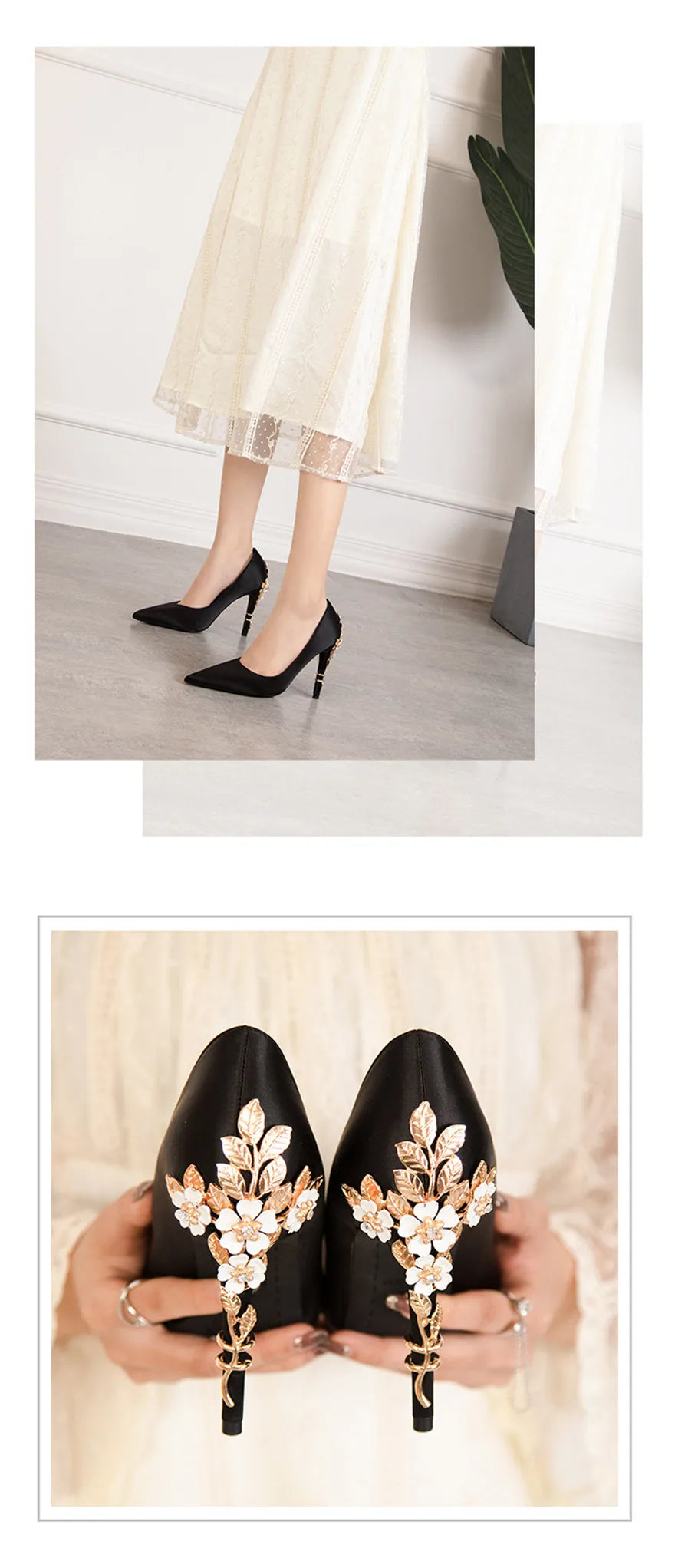 Luxury Metal Flowers Heel Crystal Bridal Shoes For Women Pointed Soft Silk Dress Shoe Shallow Sexy High Heels Pumps Female Party