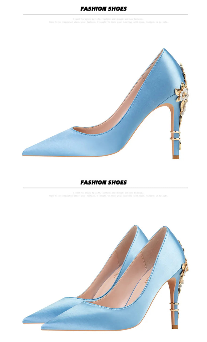 Luxury Metal Flowers Heel Crystal Bridal Shoes For Women Pointed Soft Silk Dress Shoe Shallow Sexy High Heels Pumps Female Party