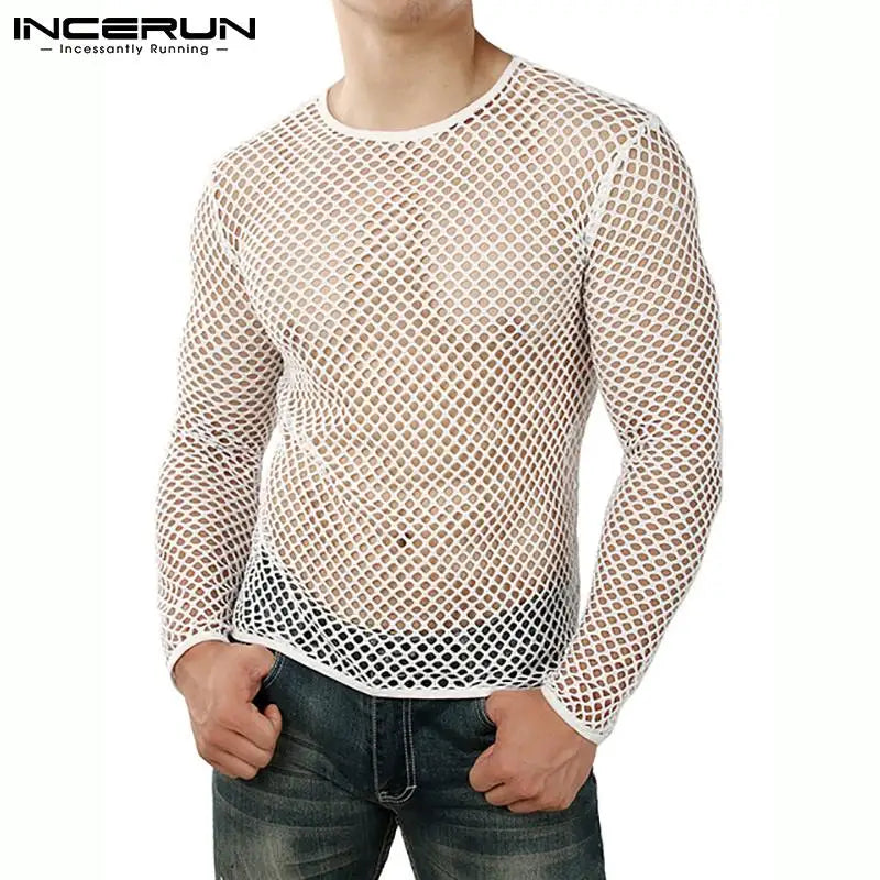 INCERUN Men T Shirt Mesh Transparent O-neck Long Sleeve T-shirts Sexy Streetwear Fashion Party Nightclub Men Clothing S-5XL
