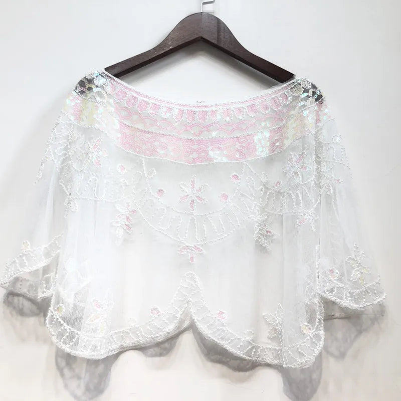 Elegant Baroque Sequin Embroidery Shawl - 1920s Flapper Party Cover Up - Solid Color & Breathable Mesh