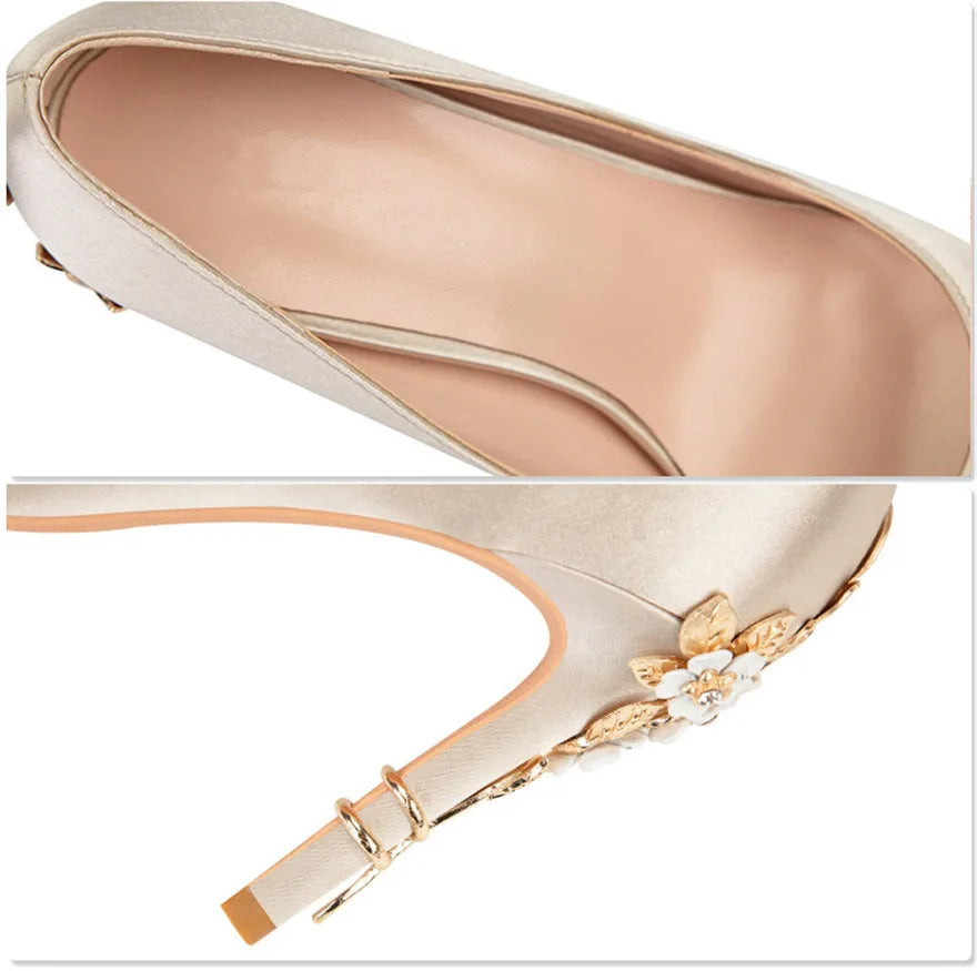 Luxury Metal Flowers Heel Crystal Bridal Shoes For Women Pointed Soft Silk Dress Shoe Shallow Sexy High Heels Pumps Female Party