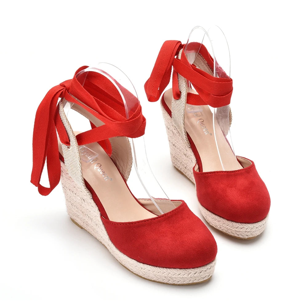Crystal Queen Women's Wedges Espadrilles Sandals Summer Ankle Cross Strap Gladiator Casual Hemp Canvas Pumps Shoes