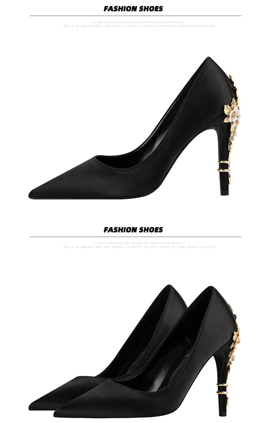 Luxury Metal Flowers Heel Crystal Bridal Shoes For Women Pointed Soft Silk Dress Shoe Shallow Sexy High Heels Pumps Female Party