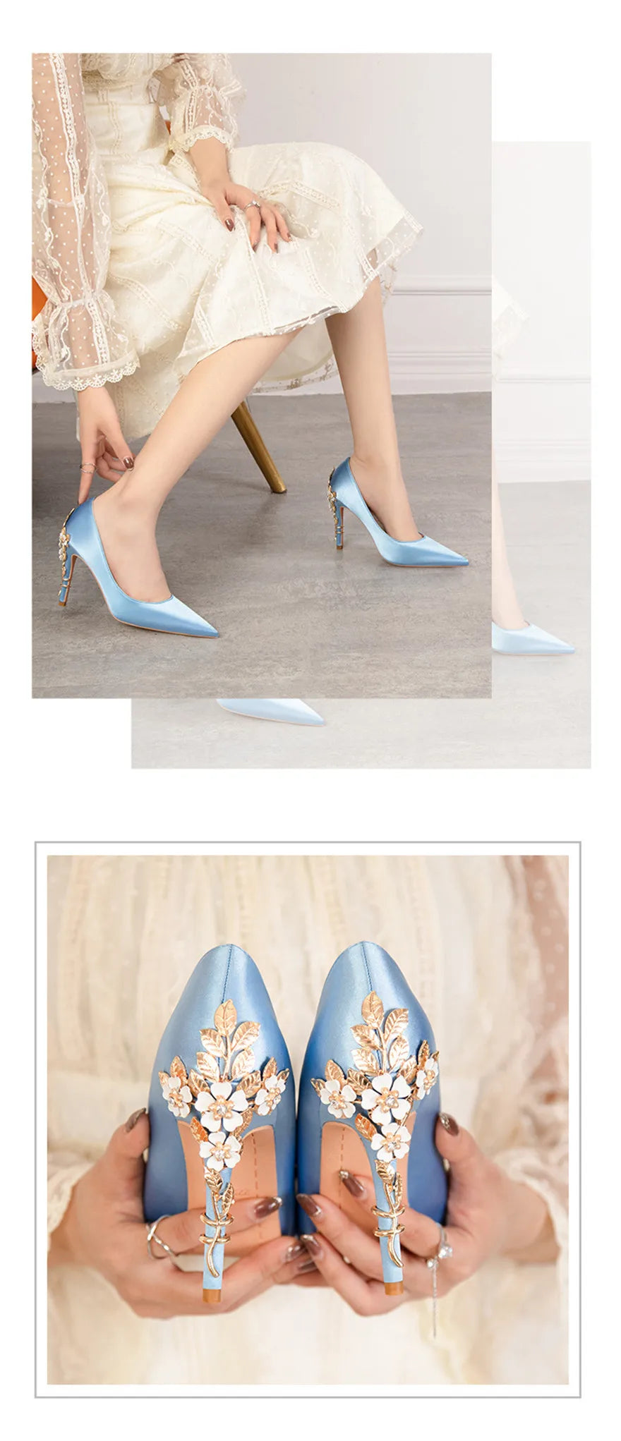 Luxury Metal Flowers Heel Crystal Bridal Shoes For Women Pointed Soft Silk Dress Shoe Shallow Sexy High Heels Pumps Female Party