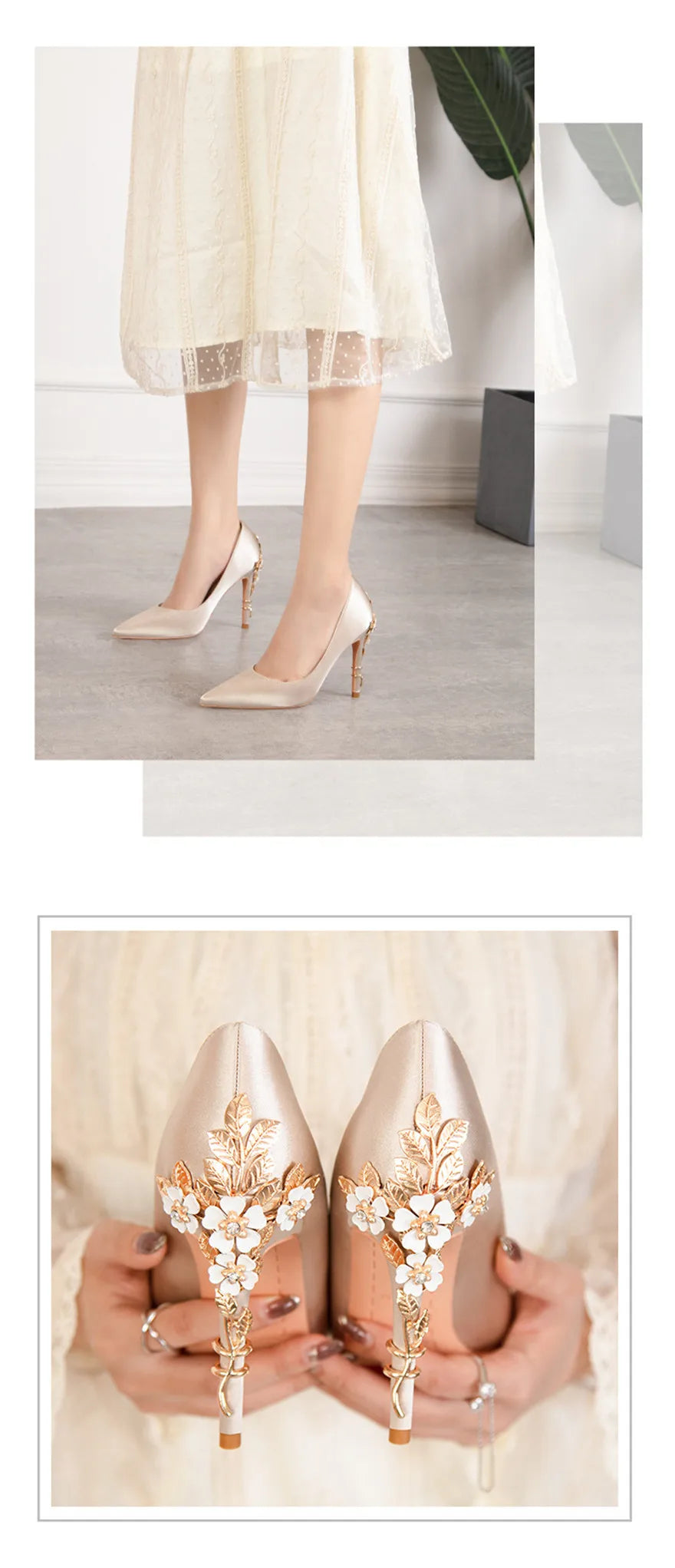 Luxury Metal Flowers Heel Crystal Bridal Shoes For Women Pointed Soft Silk Dress Shoe Shallow Sexy High Heels Pumps Female Party