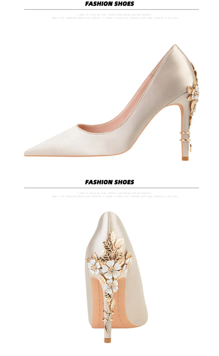 Luxury Metal Flowers Heel Crystal Bridal Shoes For Women Pointed Soft Silk Dress Shoe Shallow Sexy High Heels Pumps Female Party