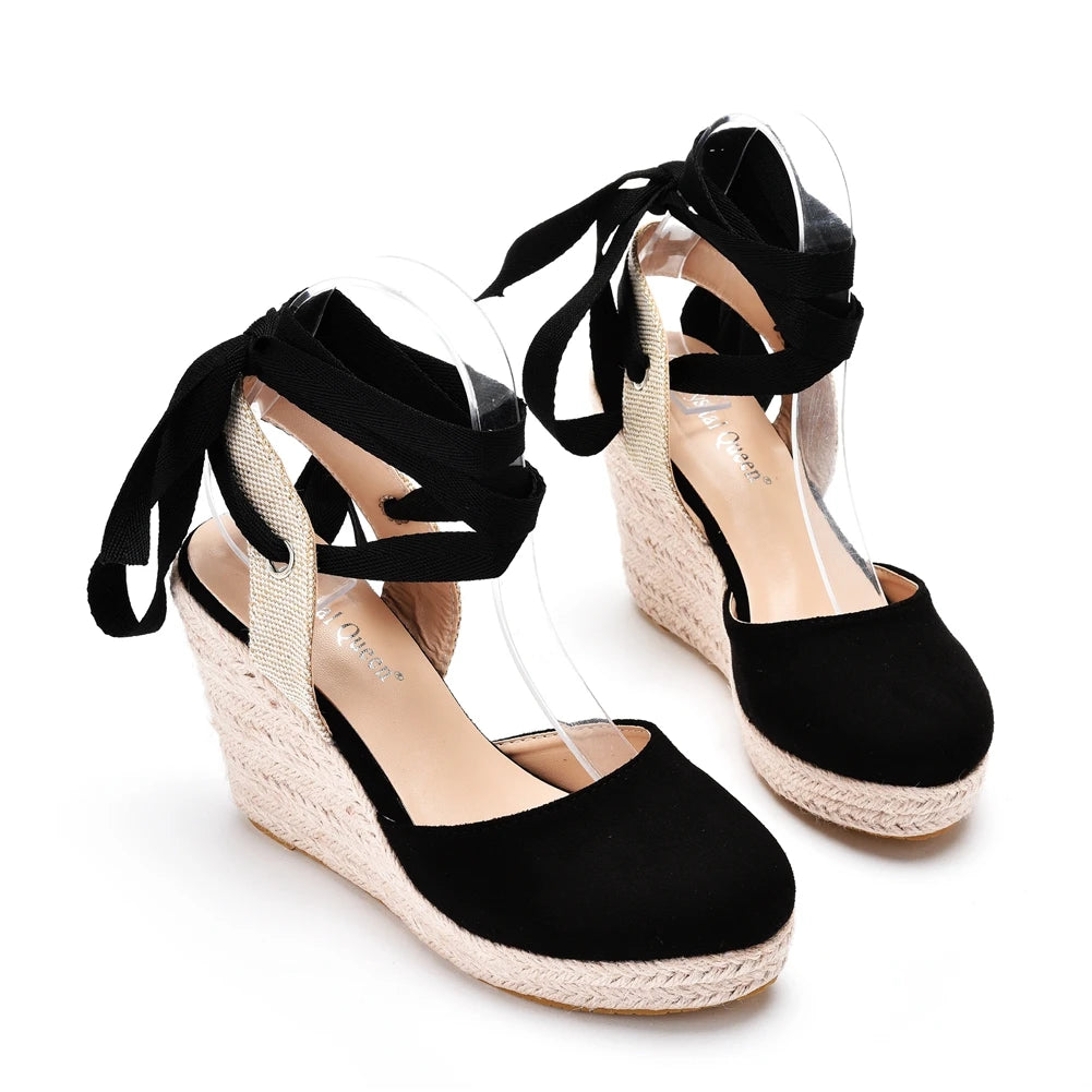 Crystal Queen Women's Wedges Espadrilles Sandals Summer Ankle Cross Strap Gladiator Casual Hemp Canvas Pumps Shoes