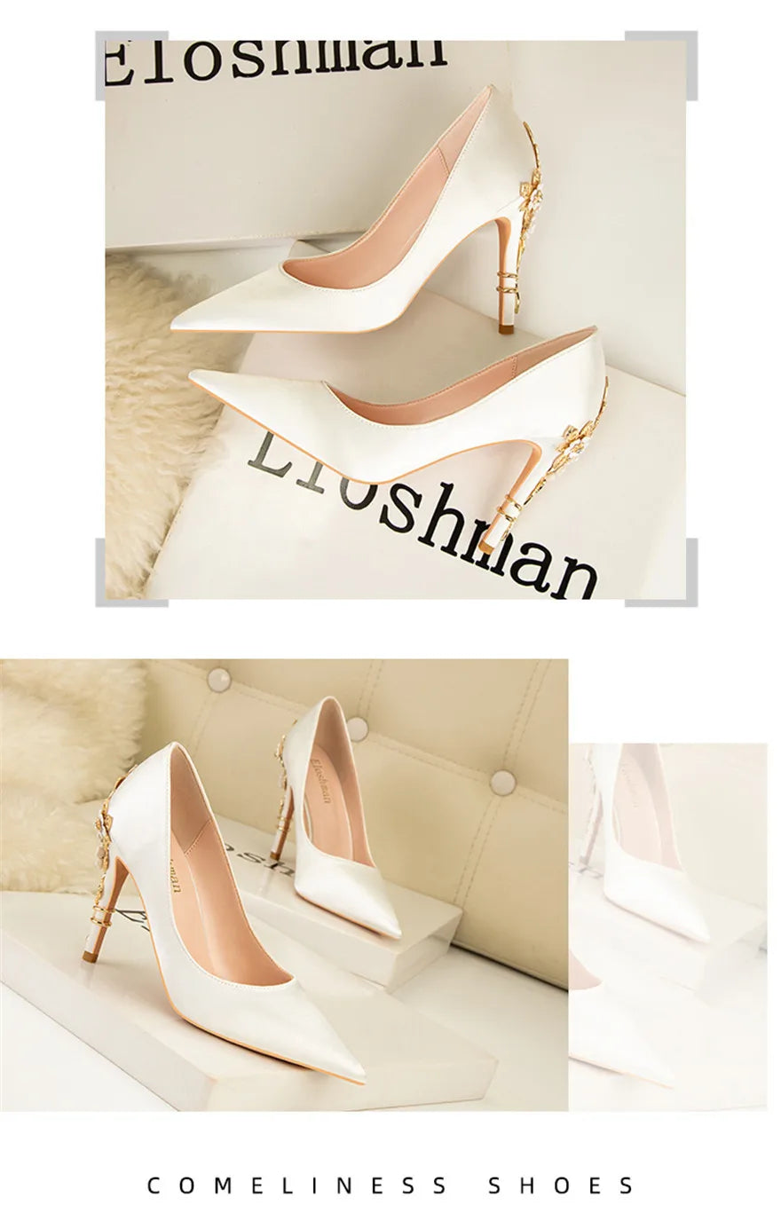 Luxury Metal Flowers Heel Crystal Bridal Shoes For Women Pointed Soft Silk Dress Shoe Shallow Sexy High Heels Pumps Female Party