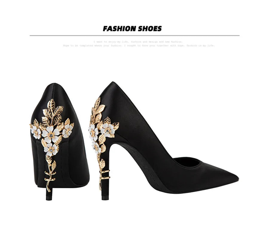 Luxury Metal Flowers Heel Crystal Bridal Shoes For Women Pointed Soft Silk Dress Shoe Shallow Sexy High Heels Pumps Female Party