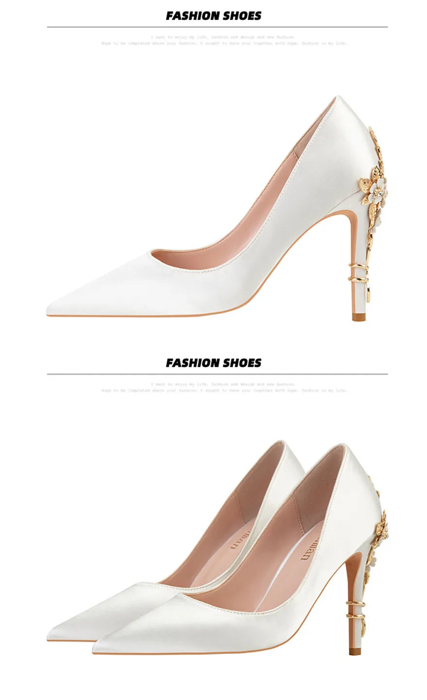 Luxury Metal Flowers Heel Crystal Bridal Shoes For Women Pointed Soft Silk Dress Shoe Shallow Sexy High Heels Pumps Female Party