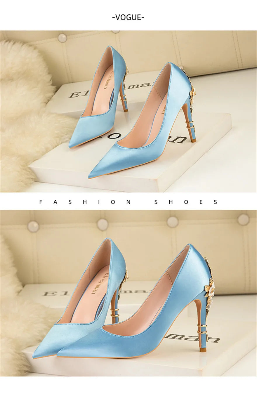 Luxury Metal Flowers Heel Crystal Bridal Shoes For Women Pointed Soft Silk Dress Shoe Shallow Sexy High Heels Pumps Female Party