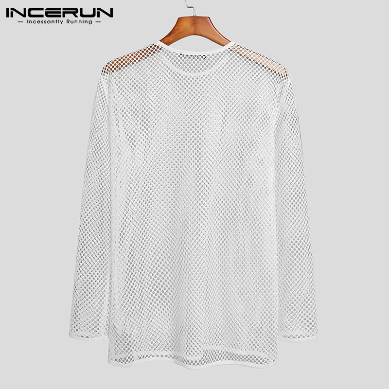 INCERUN Men T Shirt Mesh Transparent O-neck Long Sleeve T-shirts Sexy Streetwear Fashion Party Nightclub Men Clothing S-5XL