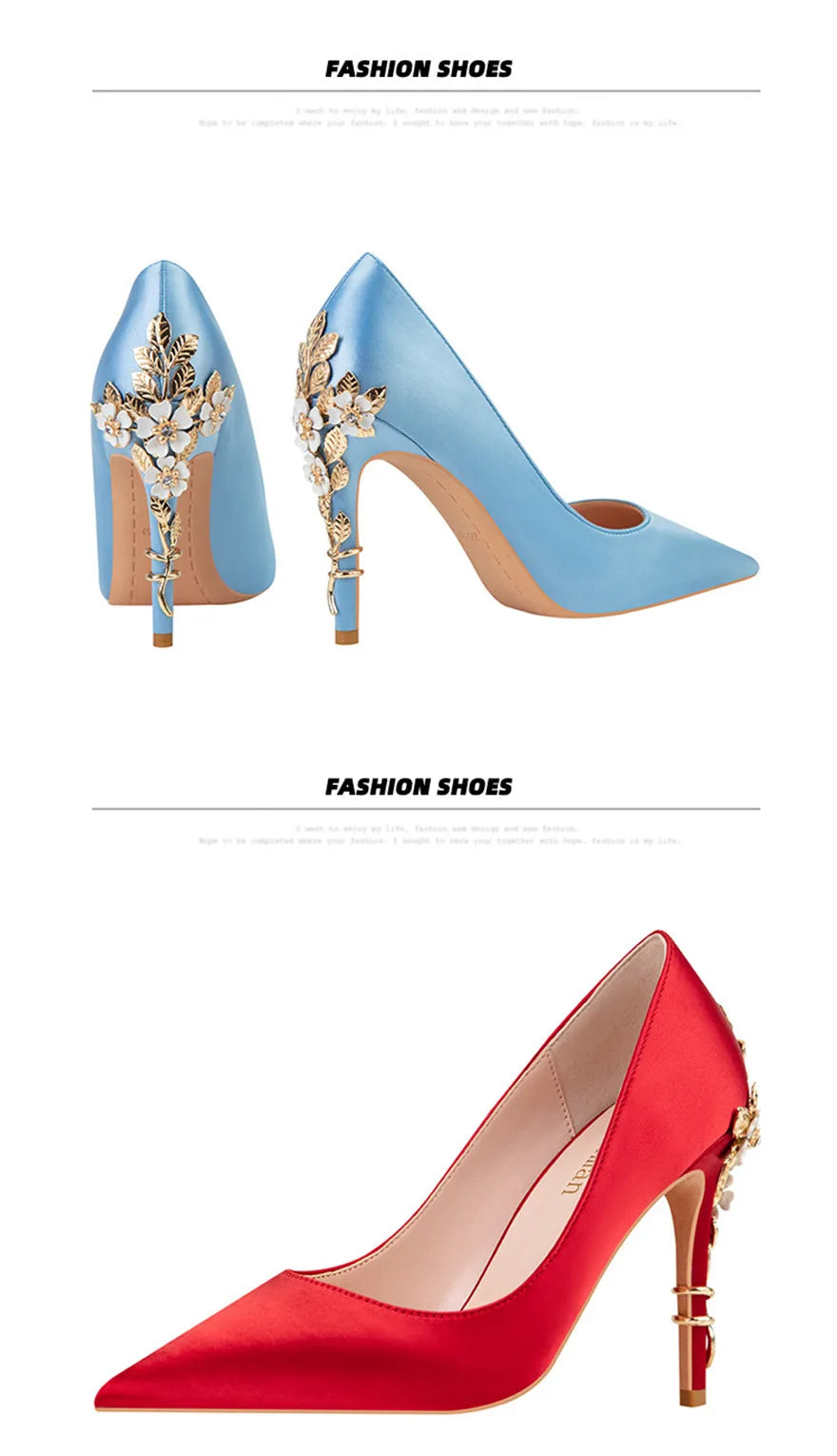 Luxury Metal Flowers Heel Crystal Bridal Shoes For Women Pointed Soft Silk Dress Shoe Shallow Sexy High Heels Pumps Female Party