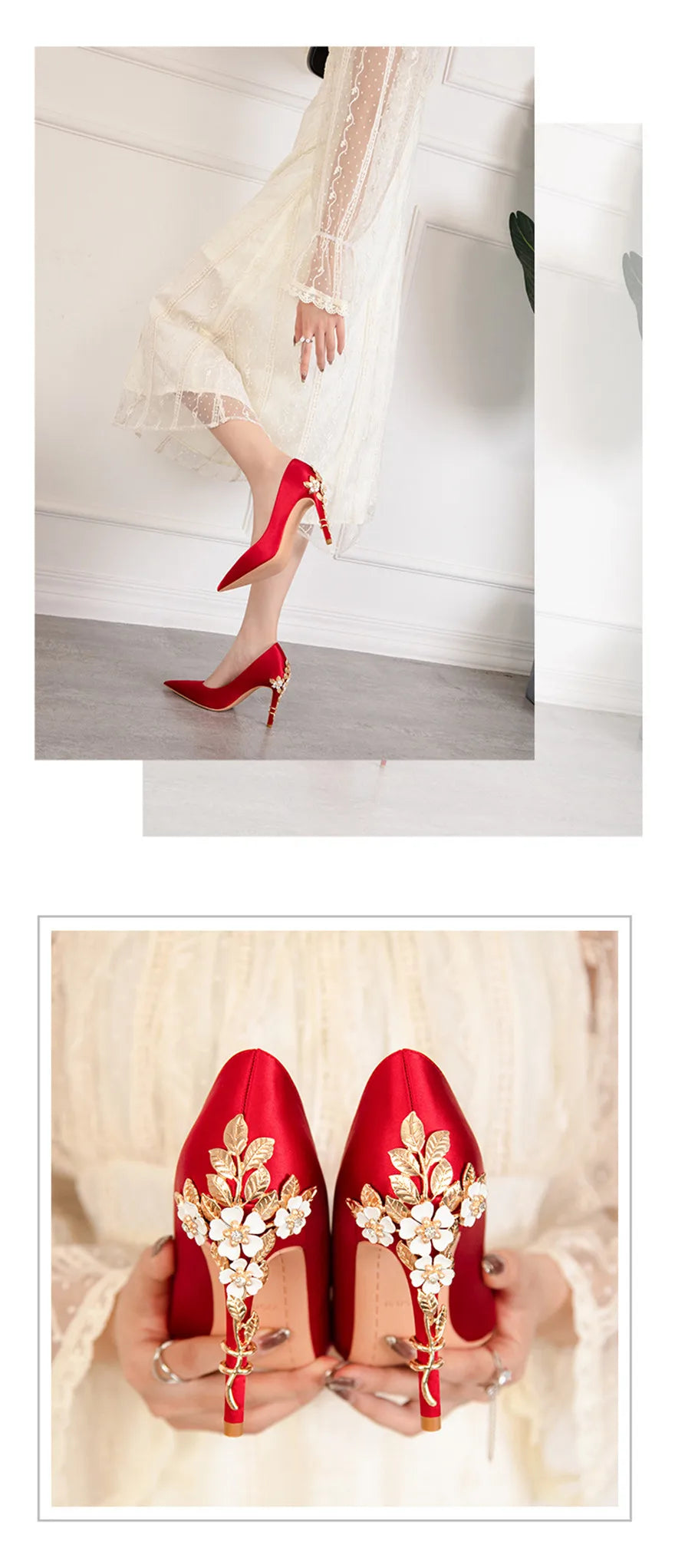 Luxury Metal Flowers Heel Crystal Bridal Shoes For Women Pointed Soft Silk Dress Shoe Shallow Sexy High Heels Pumps Female Party