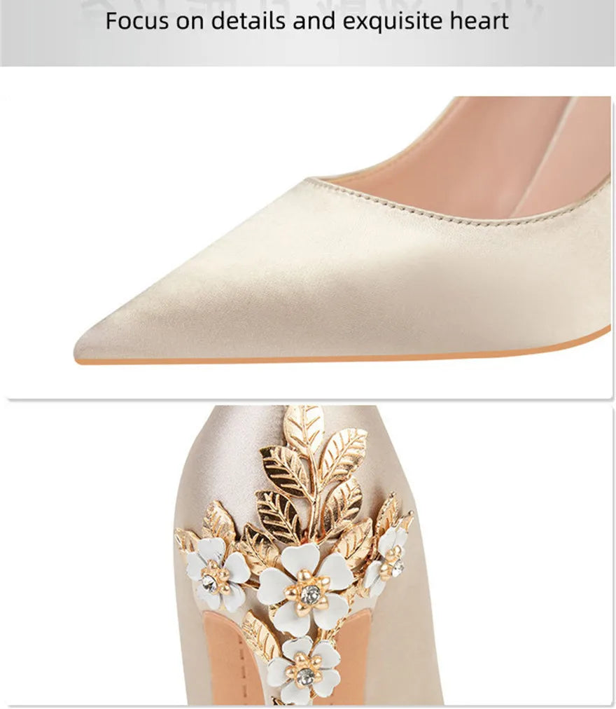 Luxury Metal Flowers Heel Crystal Bridal Shoes For Women Pointed Soft Silk Dress Shoe Shallow Sexy High Heels Pumps Female Party