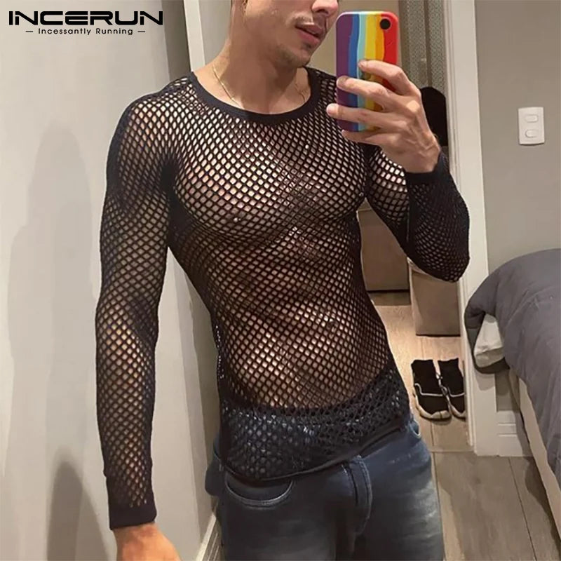 INCERUN Men T Shirt Mesh Transparent O-neck Long Sleeve T-shirts Sexy Streetwear Fashion Party Nightclub Men Clothing S-5XL