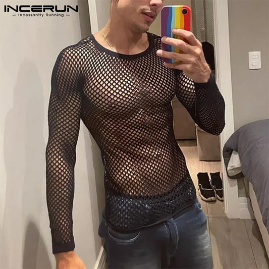 INCERUN Men T Shirt Mesh Transparent O-neck Long Sleeve T-shirts Sexy Streetwear Fashion Party Nightclub Men Clothing S-5XL