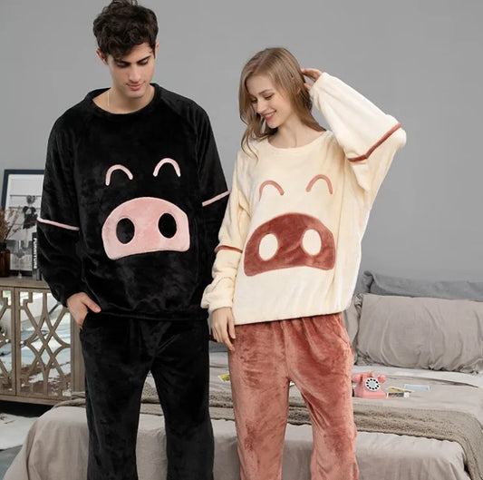 2 Piece Set Flannel Couple Cartoon Style Loose and Thick to Keep Warm Sleepwear Women Pajamas