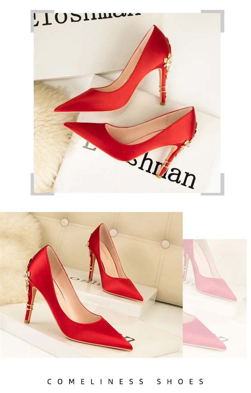 Luxury Metal Flowers Heel Crystal Bridal Shoes For Women Pointed Soft Silk Dress Shoe Shallow Sexy High Heels Pumps Female Party