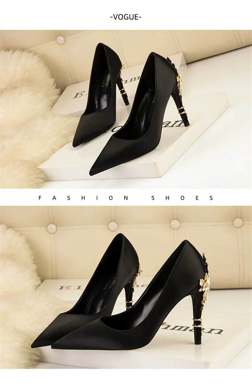 Luxury Metal Flowers Heel Crystal Bridal Shoes For Women Pointed Soft Silk Dress Shoe Shallow Sexy High Heels Pumps Female Party