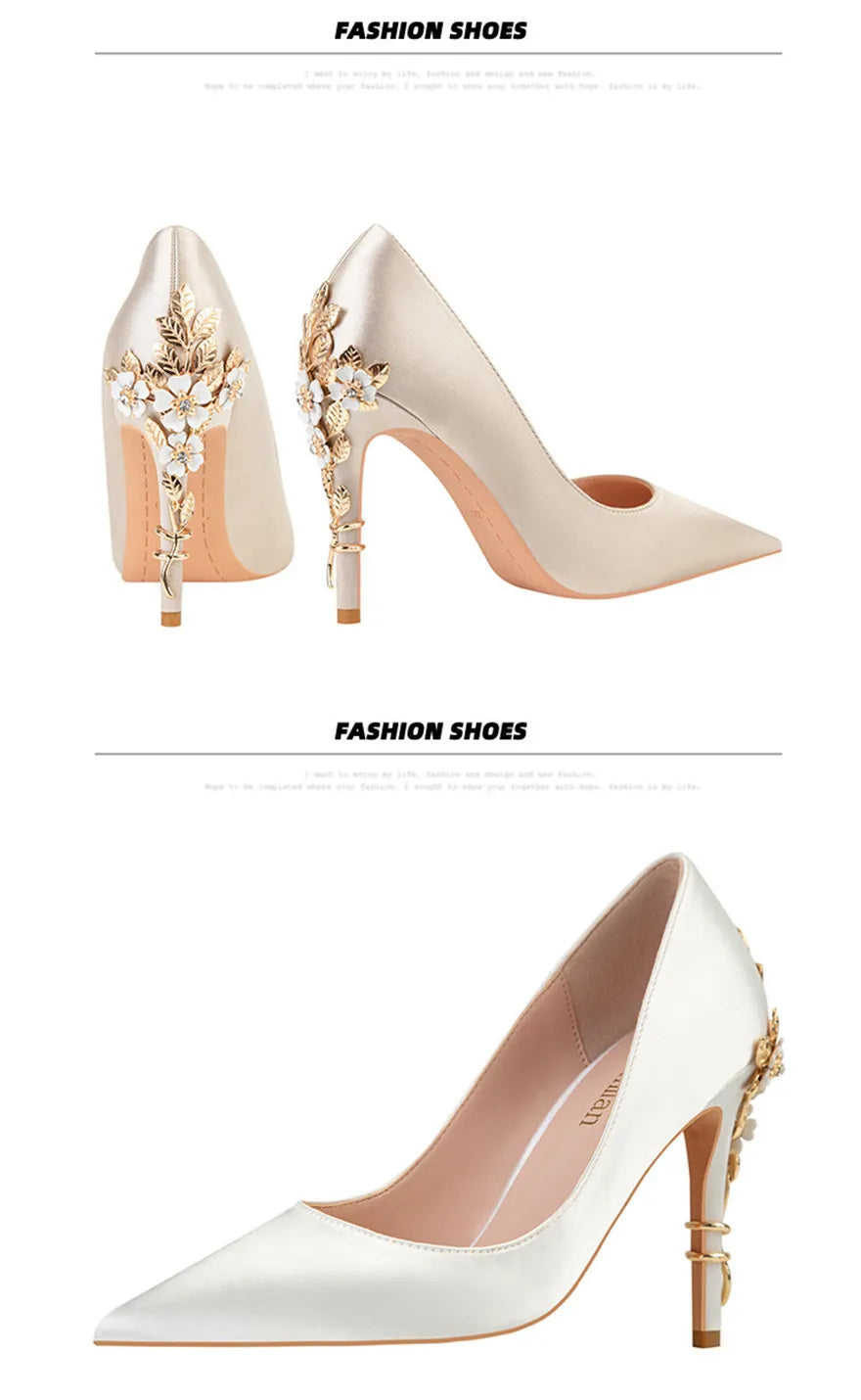 Luxury Metal Flowers Heel Crystal Bridal Shoes For Women Pointed Soft Silk Dress Shoe Shallow Sexy High Heels Pumps Female Party
