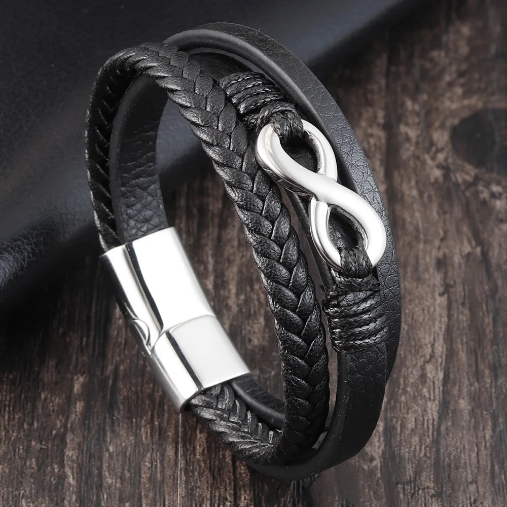 Stainless Steel Genuine Leather Men Bracelet Black/Brown Color Multi-Layers Accessories Jewelry For Male Female Couple Gift