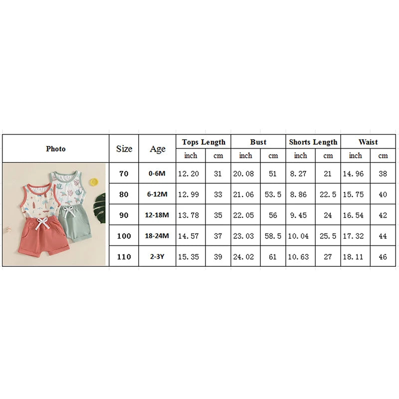 Infant Toddler Boy Summer Clothes Sleeveless Pattern Print Tank Vest Top Solid Jogger Shorts Set Beach Outfit
