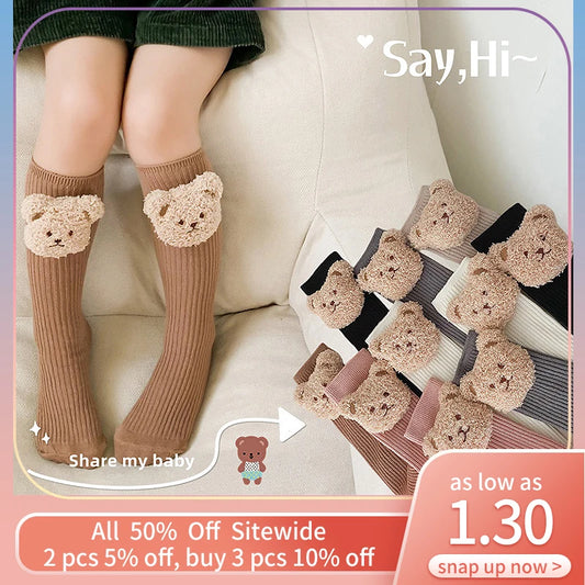 Bear Doll Children Long Tube Socks Winter Autumn Warm Kids Knee High Sock Cotton Girl Sokken Soild Color Stockings 2-8Y
