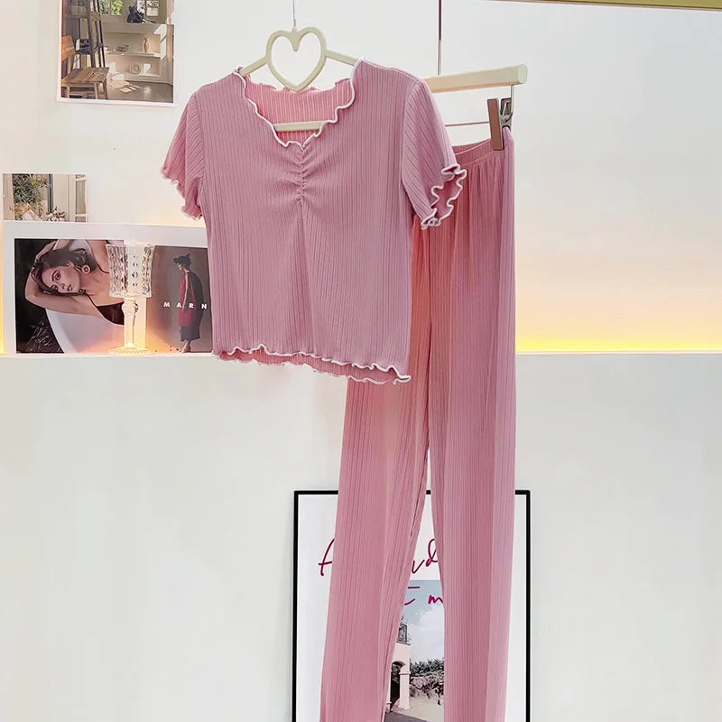 Two-Piece Spring and Summer Women's Pajamas Long Pants Short-Sleeved Lady Fashion Homewear Solid Striped Elastic Soft Loungewear clothes