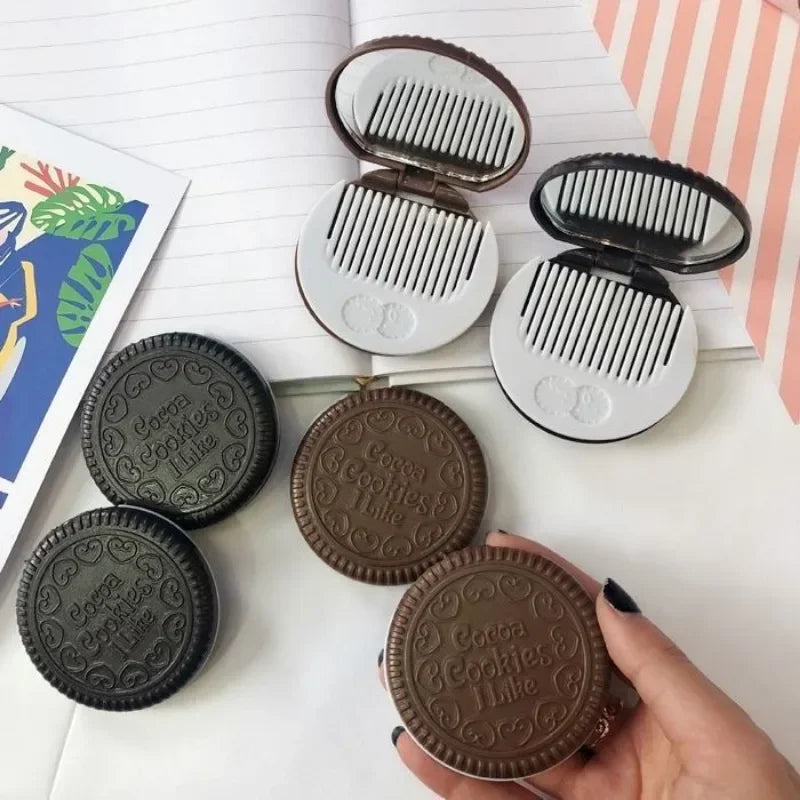 Chocolate Biscuit Round Folding Make Up Mirror Ins Kawai Outside Pocket Mirrors Women Small Cocoa Mirror with Combs Black Coffee