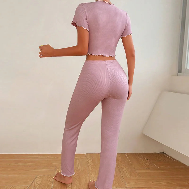 Two-Piece Spring and Summer Women's Pajamas Long Pants Short-Sleeved Lady Fashion Homewear Solid Striped Elastic Soft Loungewear clothes