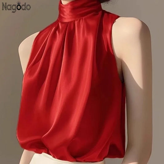 Silkly Satin Sleeveless Crop Top Summer Half Turtleneck Women Pulover Tee Halter Vest Lady Loose Shirts Red party Blouses