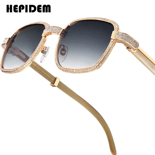 HEPIDEM High Quality Men Buffs Sunglasses Square Luxury Brand Design Diamond Sumptuous Sun Glasses Women Buffalo Horn Glasses