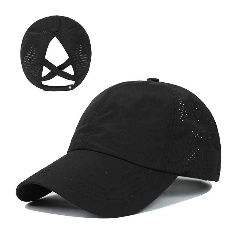 Summer Solid Color Baseball Caps Golf Wear Women Sport Leisure Cross Ponytail Hat Mesh Quick-Drying Half-Hollow