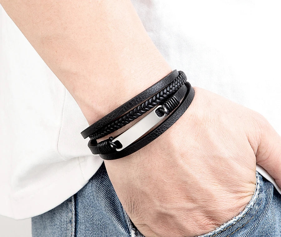 XQNI Multi-layer Braided Leather Wrap Bracelet Men Cool Trend Stainless Steel Casual Buckle Bracelet Jewelry Accessories Gift mon