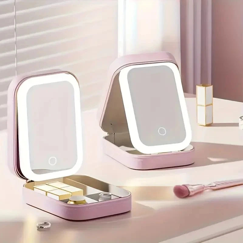 Pink LED Makeup Mirror with Jewelry Storage, 10X Magnification, Touch Control, USB Rechargeable, Compact Foldable Design