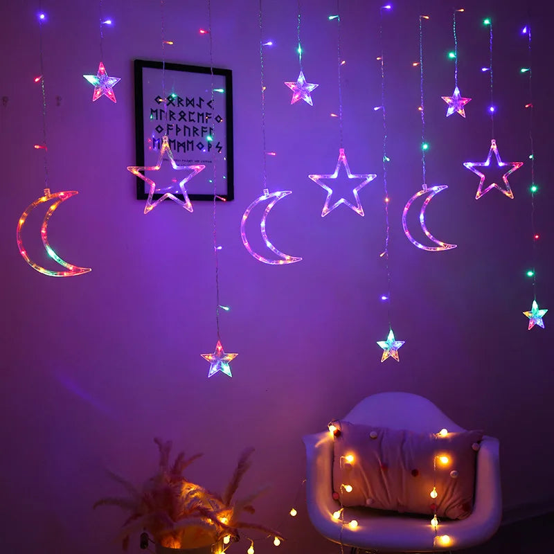 Moon Star Led Curtain Garland String Light EID Mubarak Ramadan Decorations for Home Islam Muslim Event Party Supplies Gifts