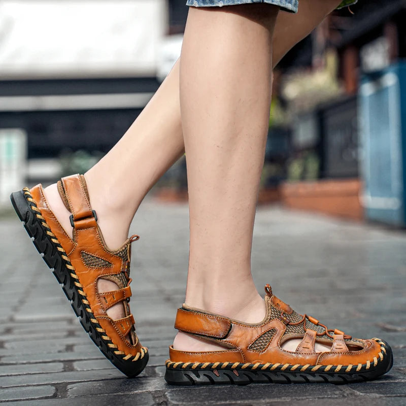 Handmade Summer Sandals Men Breathable Leather Shoes Man Retro Outdoor Men Sandals Antiskid Beach Sandals Hollow Shoes Footwear