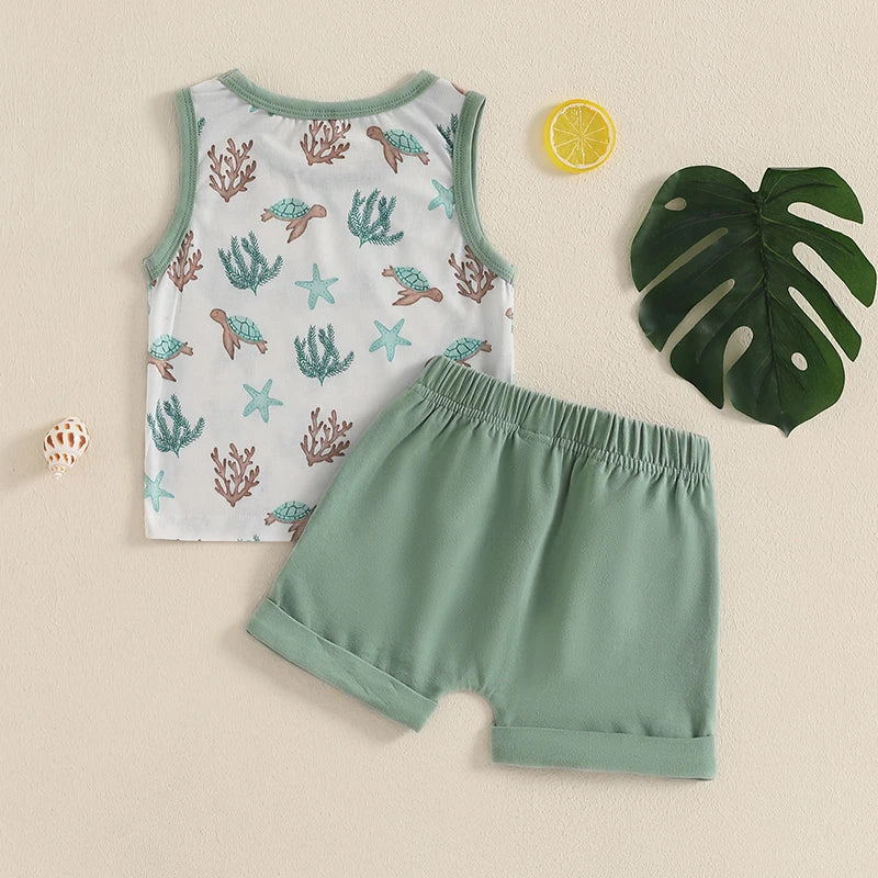 Infant Toddler Boy Summer Clothes Sleeveless Pattern Print Tank Vest Top Solid Jogger Shorts Set Beach Outfit
