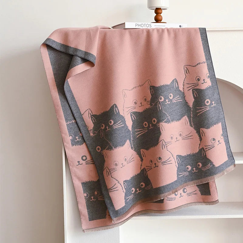 New Fashion Cute Cat Ladies' Jacquard Pashmina Cashmere Scarf Winter Thick Warmth Shawl Coldproof Windproof Blanket Scarf
