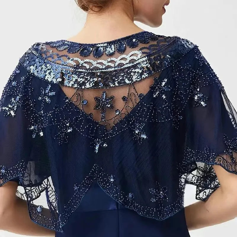 Elegant Baroque Sequin Embroidery Shawl - 1920s Flapper Party Cover Up - Solid Color & Breathable Mesh