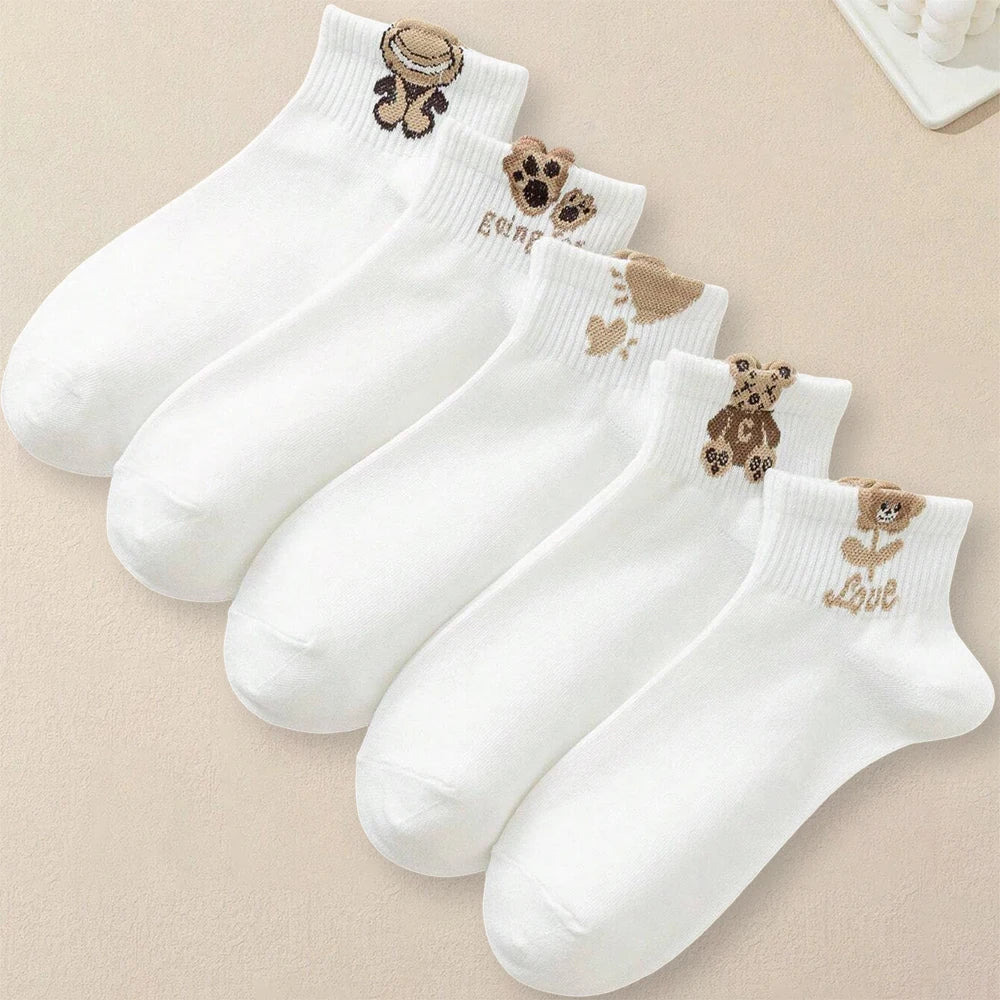 5/10/20 Pairs Women Cartoon Teddy Bear Patterned Ankle Socks Versatile Fashionable Creative Breathable Comfortable Casual Socks cloths