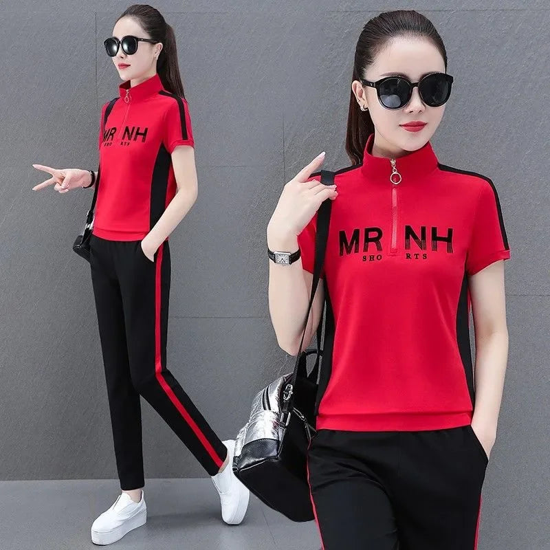 Fashionable Women's Sport Suit Summer New Style Slimming Casual 2-piece Set Age-reducing Running Clothes