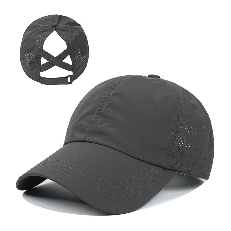 Summer Solid Color Baseball Caps Golf Wear Women Sport Leisure Cross Ponytail Hat Mesh Quick-Drying Half-Hollow