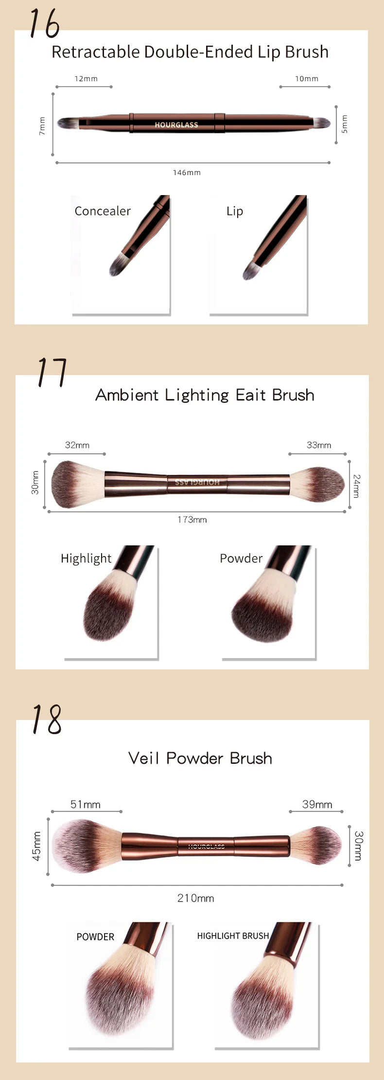 Hourglass Makeup Brush All Kinds Eyeshadow Foundation Concealer Powder Bronzer Blusher Eyeliner Retractable Professional Brushes make up tool
