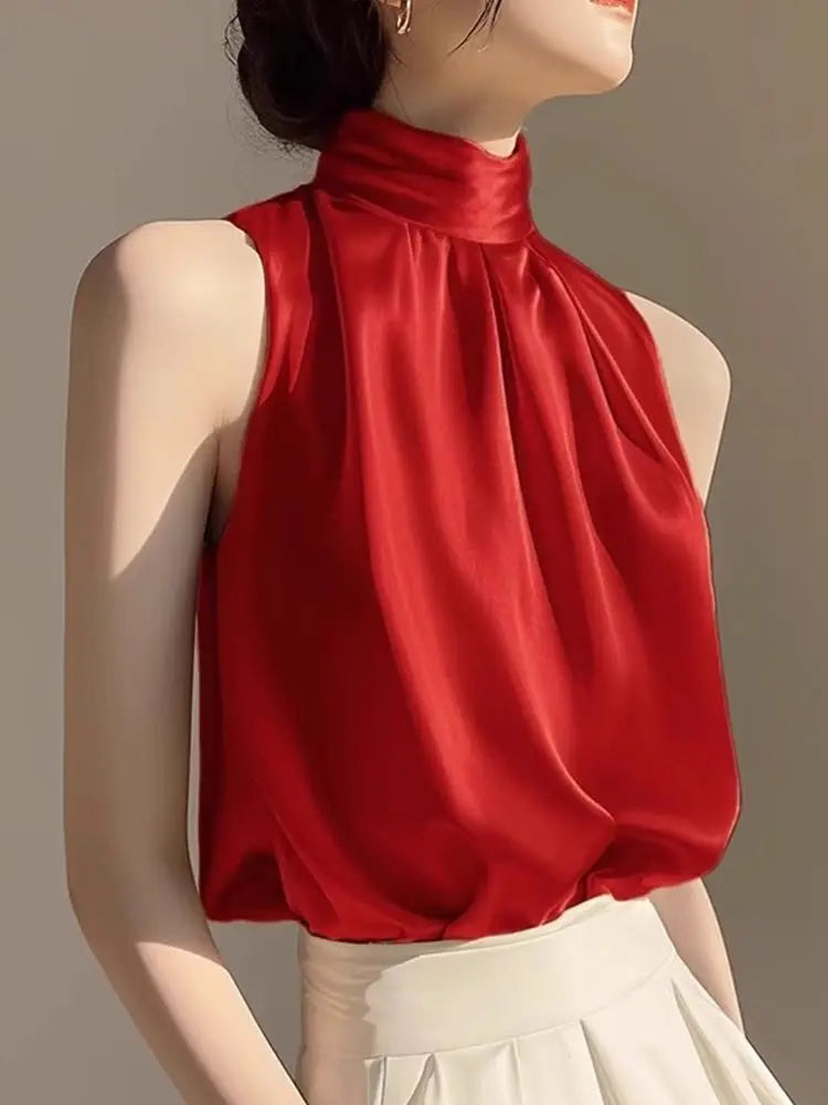 Silkly Satin Sleeveless Crop Top Summer Half Turtleneck Women Pulover Tee Halter Vest Lady Loose Shirts Red party Blouses