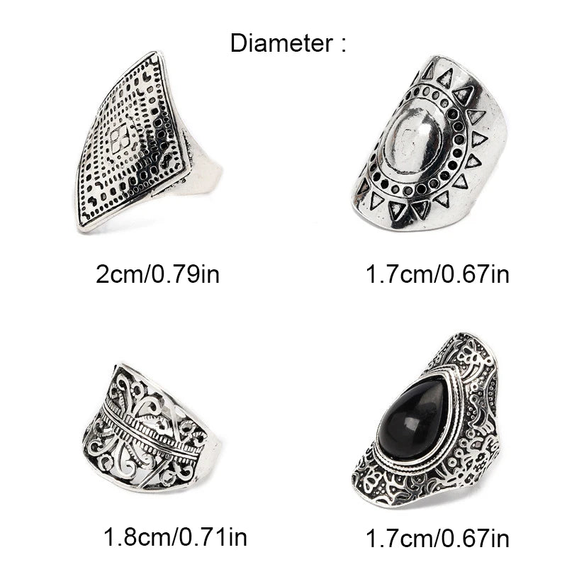 4Pcs/Set Fashion Vintage Silver Plated Gypsy Boho Ethnic Ring Hollow Carved Rhinestone Midi Knuckle Rings Women Jewelry