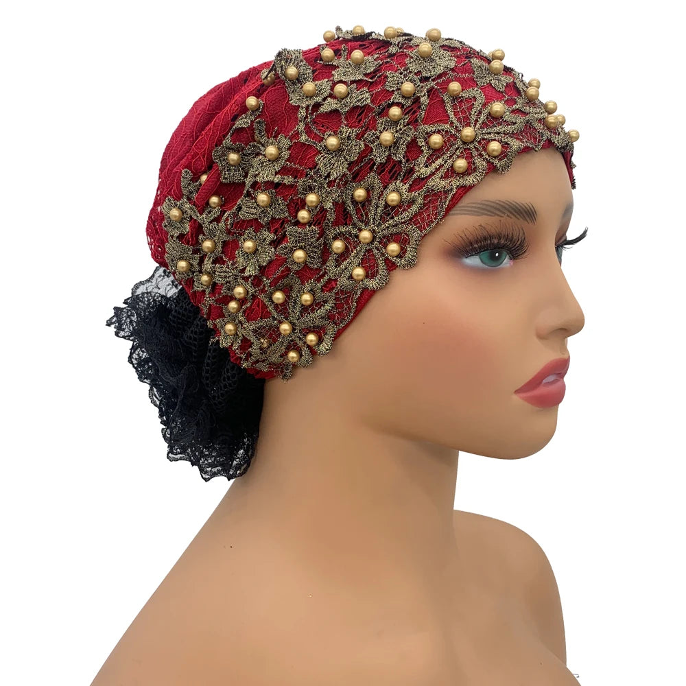 Embroidery Beading Turban Cap for Women Muslim Headscarf Hat Hairloss Chemo Cap African Headwrap Bonnet