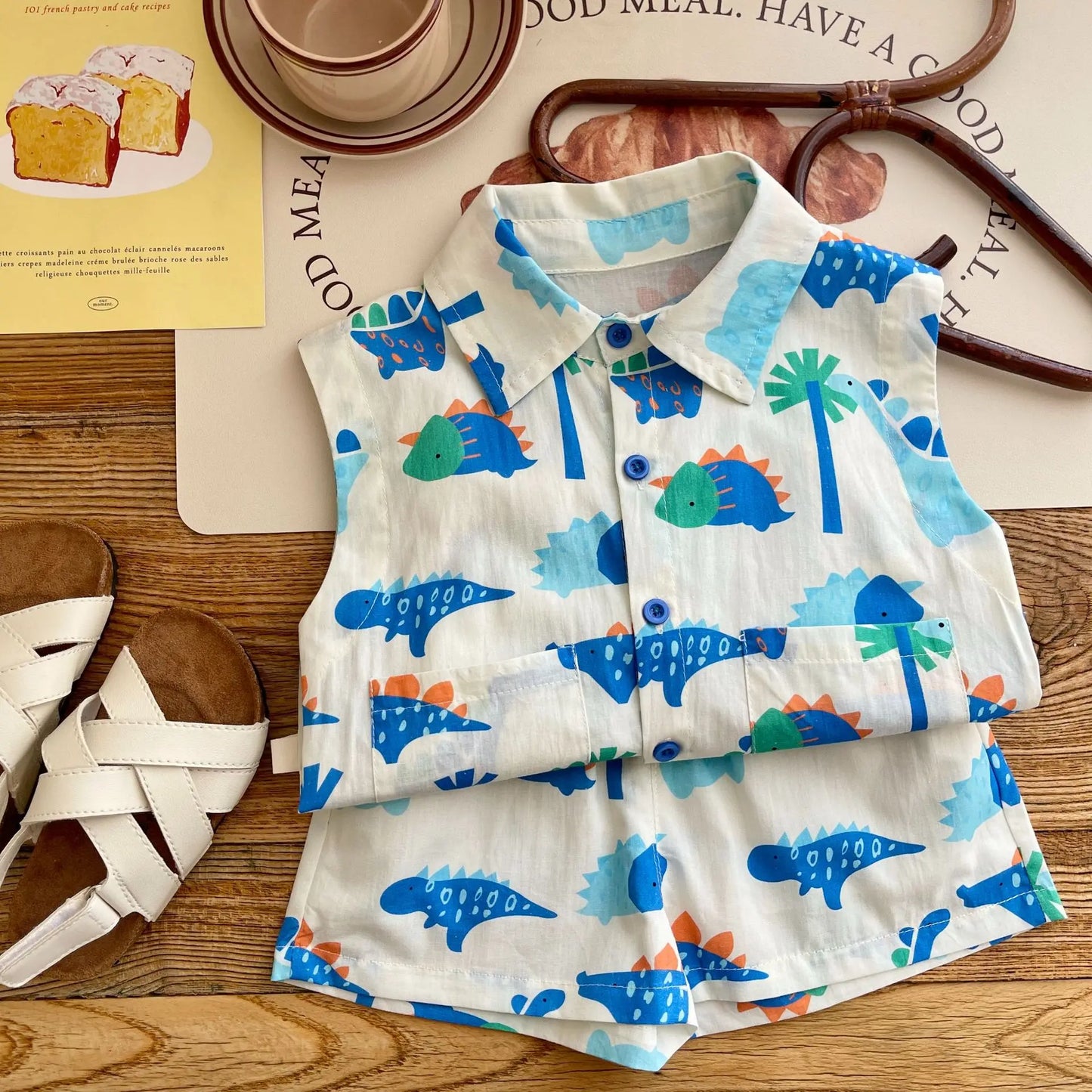 Kids Fashion 2-Piece Summer Beach Clothes Set for Toddler Boys Sleeveless Print Top Shirt+Shorts