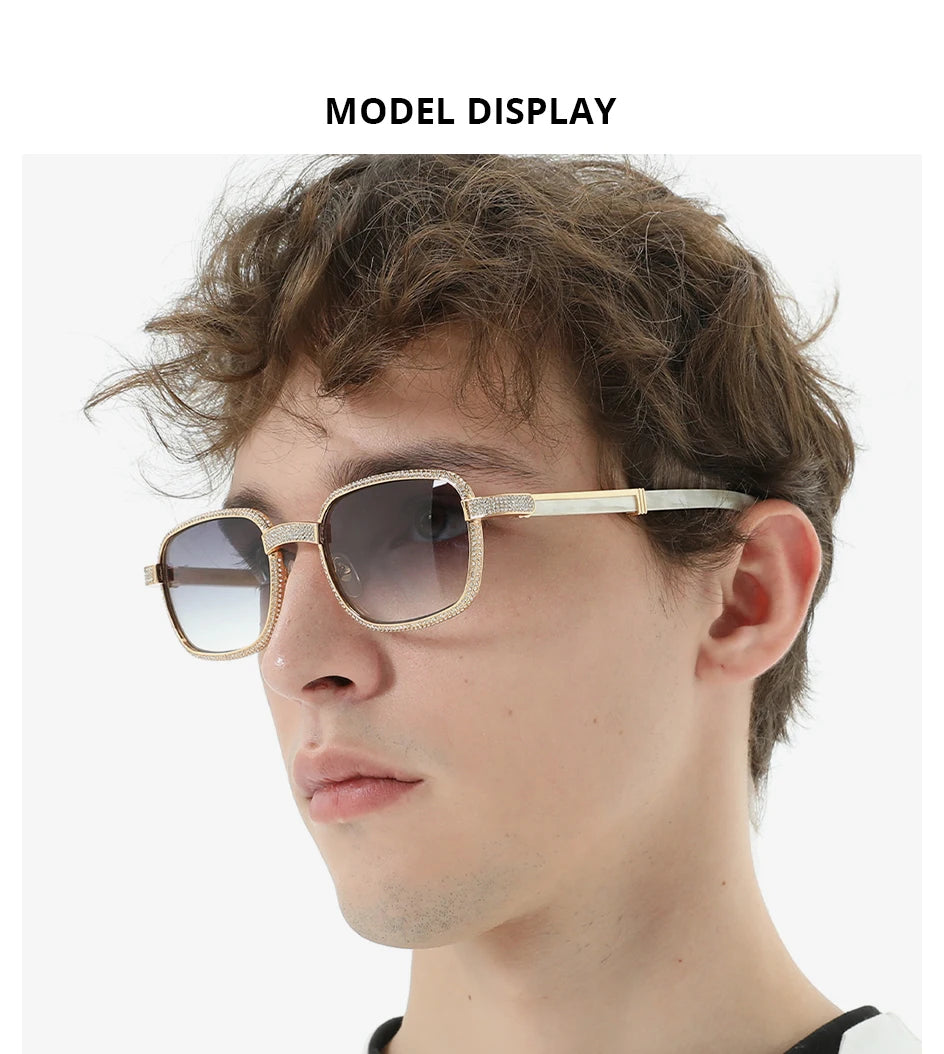 HEPIDEM High Quality Men Buffs Sunglasses Square Luxury Brand Design Diamond Sumptuous Sun Glasses Women Buffalo Horn Glasses